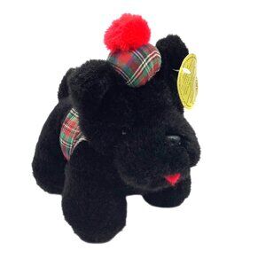 Vtg Scotland Black Scottish Terrier Plush Toy Tartan Hat Vest Thistle 7”x6.5"